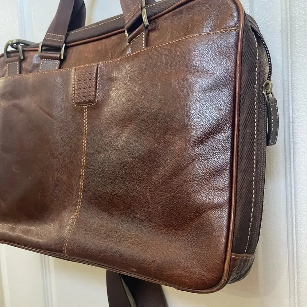 Boconi Zipster Brown weathered Leather Briefcase with Adjustable Straps